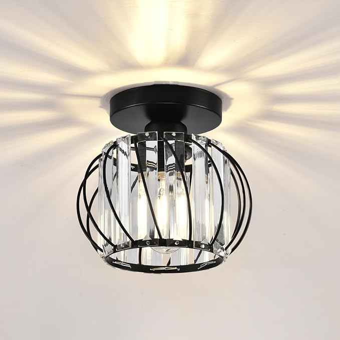 Crystal Ceiling Light, Crystal Semi Flush Mount Ceiling Light Black Crystal Chandelier for Kitchen Hallway Entrance Balcony Dining Rooms Living Rooms Bar Farmhouse
