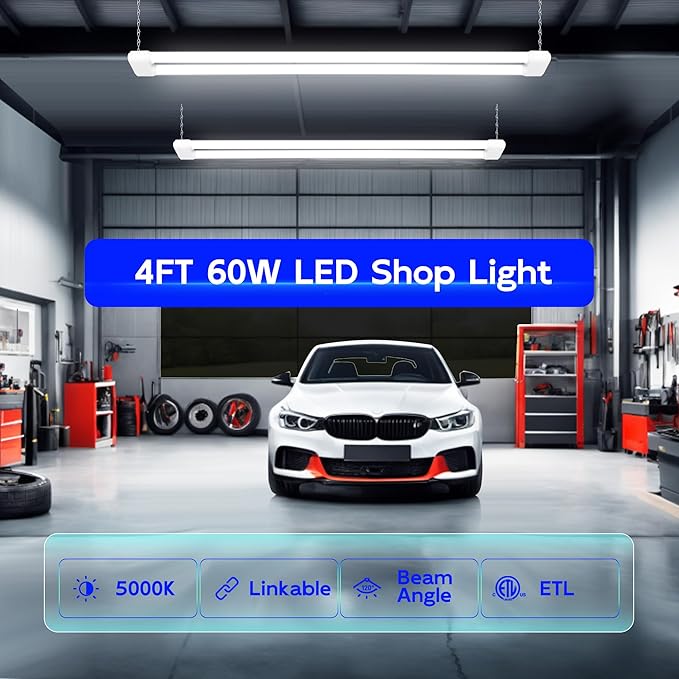 hykolity 4 Pack LED Shop Lights 4FT,60W (350W Equivalent), 6500 Lumens, 5000K Daylight White, Linkable Shop Lights for Garage & Workshop, Plug and Play with Hanging/Surface Mount Kit, White
