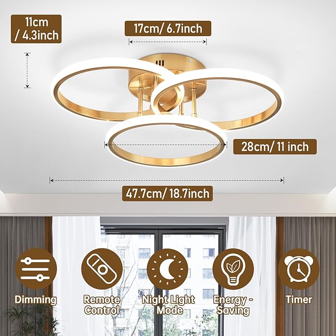 Modern Ceiling Light Fixture,3 Rings Dimmable Flush Mount Ceiling Light with Remote Control, Gold Close to Ceiling Lighting Fixtures for Bedroom Living Room Dining Room Kitchen Ceiling Lamp