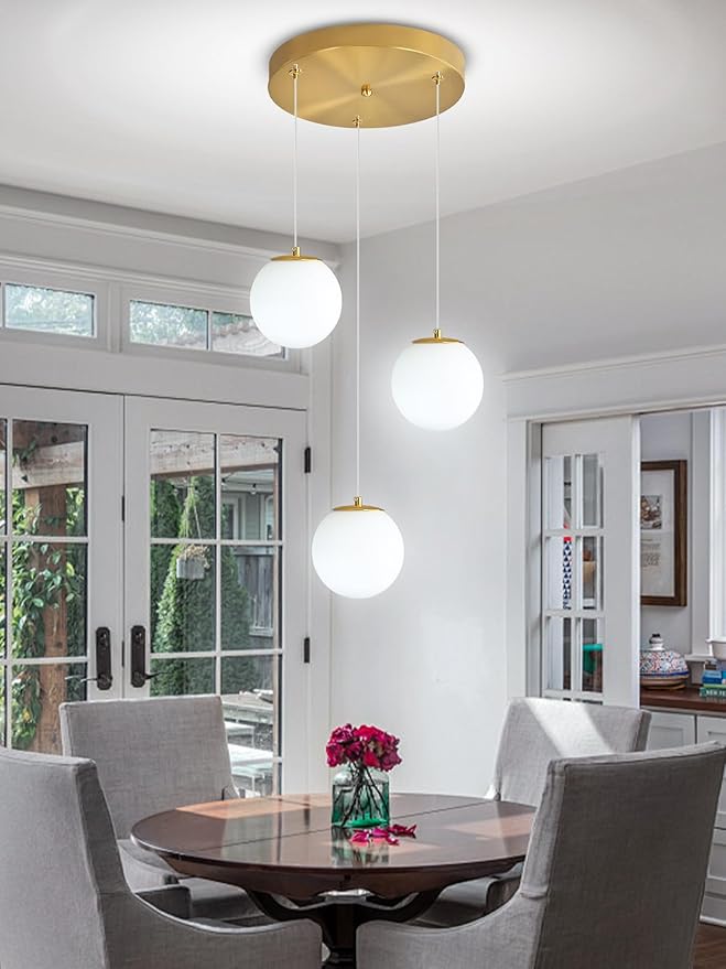 ykolupty 3-Light White Globe Glass Pendant Light Modern Gold Chandelier White Glass Pendant Chandelier for Dining Room Kitchen Island Foyer Hallway