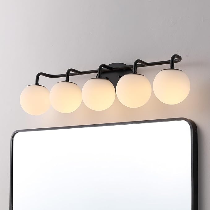 JONATHAN Y 33" Black Modern Globe Wall Sconce Vanity Light for Bathroom, White Frosted Glass Shade, Midcentury Parisian Bistro Wall Lamp, LED Bulb Included (JYL3559B)