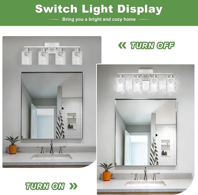 Brushed Nickel Bathroom Light Fixtures, 3-Light Modern Bathroom Vanity Wall Light, Vanity Lights for Mirror, Wall Sconces with Clear Textured Glass (E26 Socket, Bulbs Not Included)