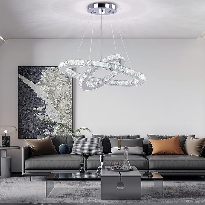 TongLan LED Modern Crystal Chandelier 19.7 x 11.8 inches Ceiling Pendant Light 2 Rings Adjustable Stainless Steel Lighting Fixtures Dining Room Living Room (White)