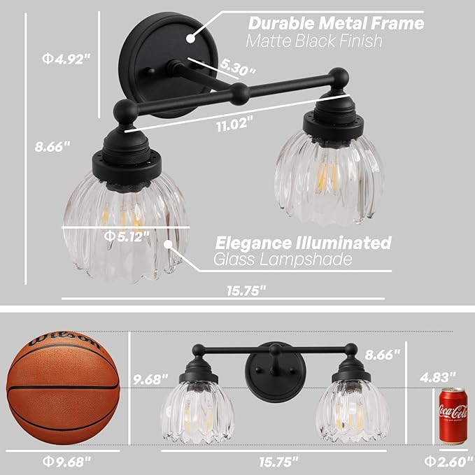 Vintage Double Arm Tulip Glass Wall Sconce Lighting, 2-Lights Bathroom Vanity Light Fixture for Hallway Bedroom Living Room Bedside Nightstands Lights