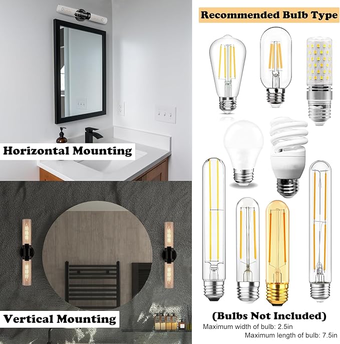 Farmhouse 2-Light Black Wall Sconce, Cylinder Bathroom Wall Light with Clear Glass Shade 20-Inch Modern Black Glass Sconces Wall Lighting for Bedroom Hallway Staircase