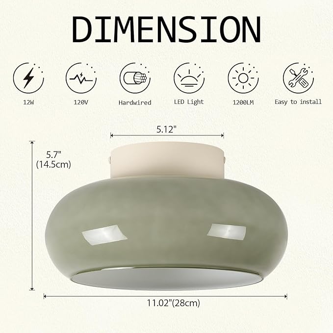 TeHenoo Modern LED Ceiling Light,11 inch,Olive Green Milk Glass Shade,3000K/Warm White/15W,Mid Century Flush Mount Light for Hallway,Laundry Room,Living Room