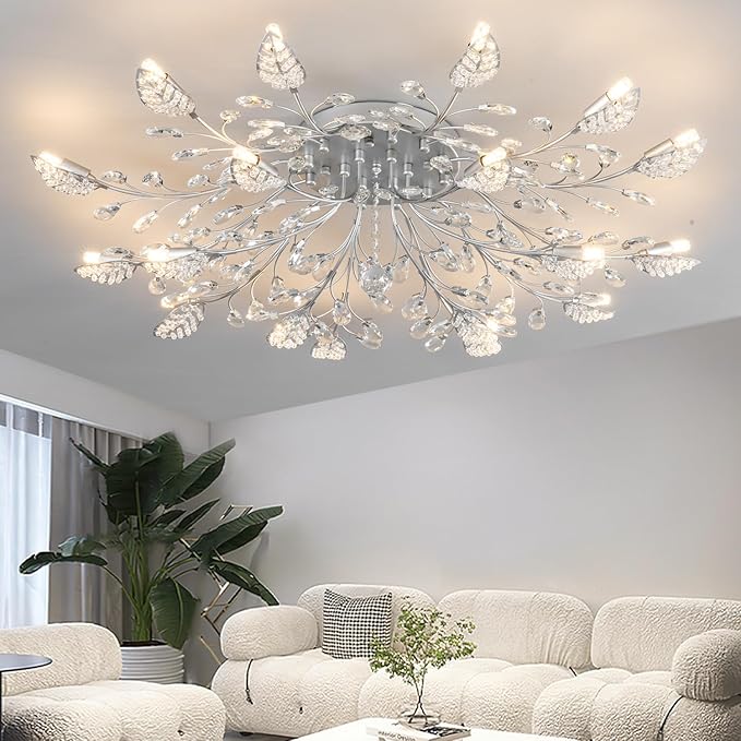 Modern Crystal Ceiling Light Fixture,Silvery Semi Flush Mount Chandeliers,Crystal Leaf Ceiling Light, Chandeliers for Dining Room,Living Room,Bedroom