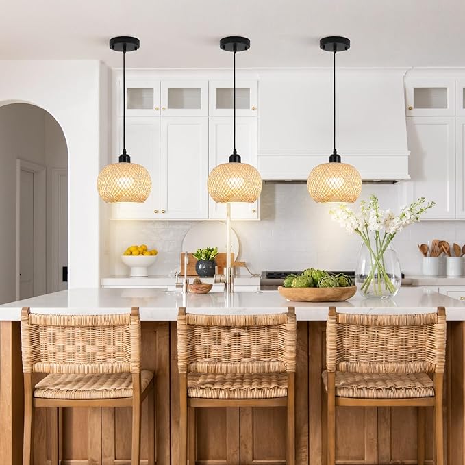 Boho Pendant Light Battery Operated,Rechargeable Woven Pendant Light with Remote,Rattan Pendant Light Fixtures for Kitchen Island,Wicker Hanging Lights for Dining Room Bedroom Hallway Entryway.