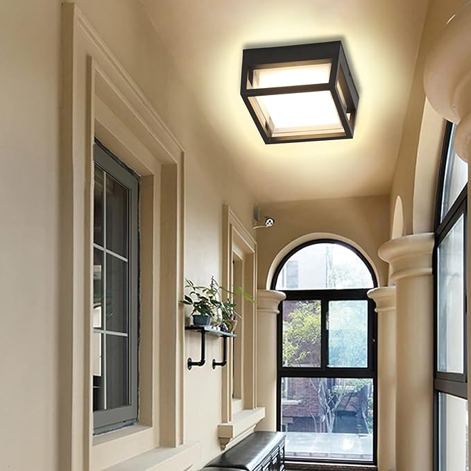 Outdoor Ceiling Porch Light LED Flush Mount for Wall or Ceiling, Square Exterior Wall Lamp for Patio Balcony Terrace, 3000K Warm Color, 125w Equivalent, Black, Wet Location, Small 6.3"x6.3"x4.3"