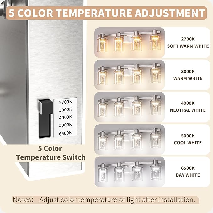 Quntis Brush Nickle Bathroom Lighting Fixtures with 5 Color Mode, 4-Light Dimmable Modern Bathroom Vanity Light Over Mirror, 28 Watt Eye Protection LED Wall Lamp 27 Inch (UL Certified, Bulbs Included)