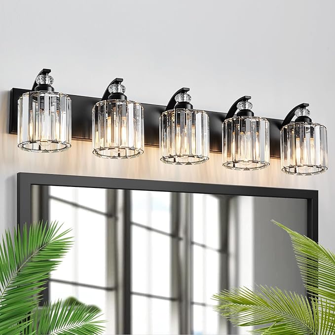 5-Light Black Bathroom Light Fixture Modern Vanity Lights Over Mirror Vintage Wall Sconce Lighting for Bathroom, Bedroom, Living Room, Hallway E26 Base with Crystal Bathroom Vanity Light