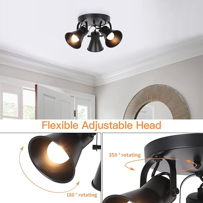 SEEBLEN 3-Light Industrial Track Lighting, Adjustable Round Kitchen Ceiling Light, Morden Black Flush Mount Directional Light for Kitchen, Hallway, Dining Room, Bathroom, Coffee Bar.