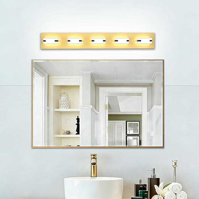 LED Bathroom Light Fixtures, 5-Light Modern Vanity Lights with Milky White Frosted Acrylic Shades, Gold Bathroom Lighting fixtures Over Mirror, ETL Listed, 35W (Cool White 5700K)