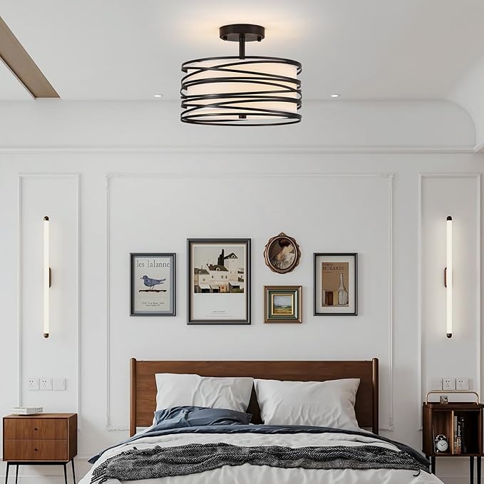 Drum Semi Flush Mount Ceiling Light Fixture, Black Matal & Linen Fabric Shade Ceiling Light, Modern Farmhouse Close to Ceiling Light for Bedroom, Hallway, Entryway, Dining Room, Laundry Room