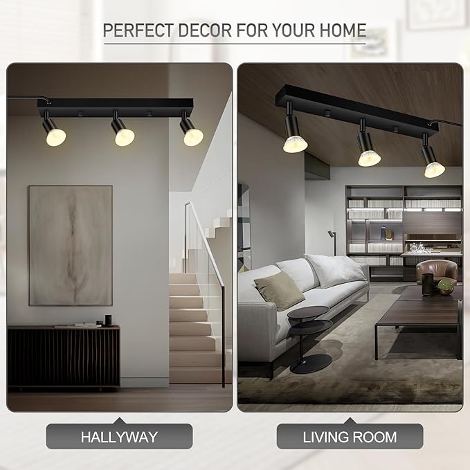 Plug-in Track Lighting, LED Track Lighting Fixtures Ceiling Kit, 16" Black Plug in Wall Light with 14.8ft Cord, 3-Light Ceiling Spotlight,Rotatable Kitchen Light Head for Bedroom Hallway(GU10,NO Bulb)