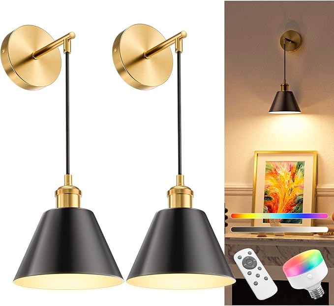 NIORSUN Gold & Black Battery Operated Wall Sconce Set of 2, 5200mAh Dimmable Detachable Bulbs and Remote Wireless Rechargeable Wall Lights, 9 Colors Sconces Wall Decor for Bedroom Living Room Hallway
