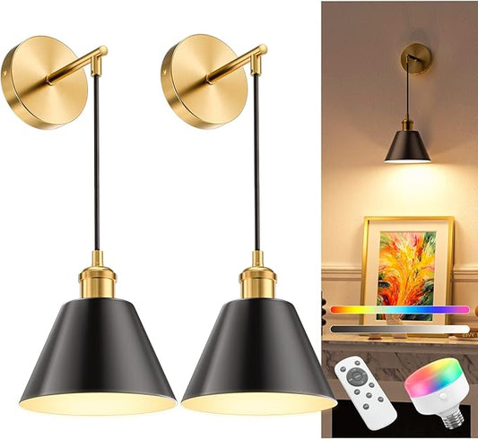 NIORSUN Gold & Black Battery Operated Wall Sconce Set of 2, 5200mAh Dimmable Detachable Bulbs and Remote Wireless Rechargeable Wall Lights, 9 Colors Sconces Wall Decor for Bedroom Living Room Hallway