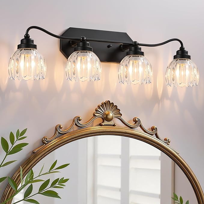 Vintage Bathroom Light Fixtures, 4 Light Bathroom Vanity Light, Black Matte Antique Brass Finish with Crystal Glass Shade, Mid Century Wall Sconces for Bedroom, Living Room, Hallway