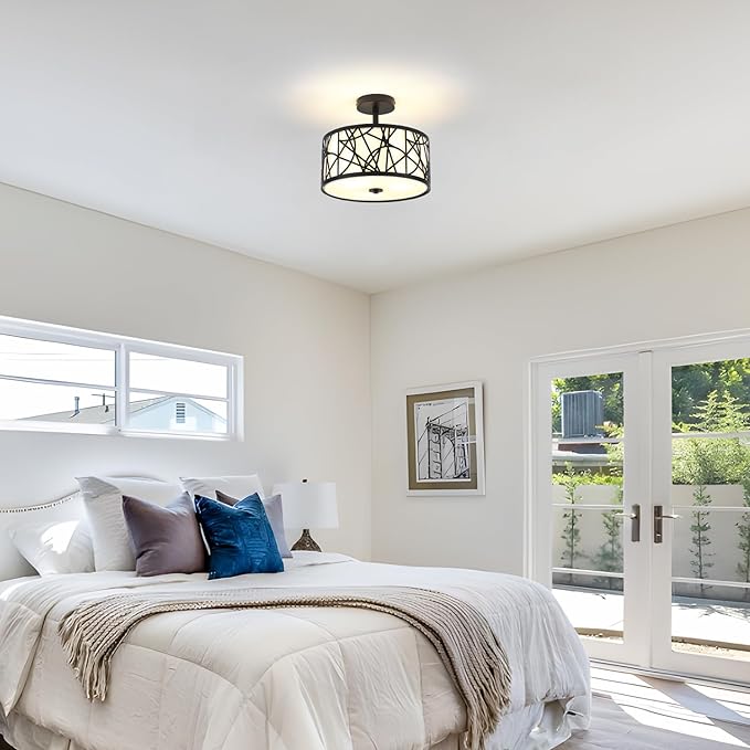 BUXVRCS Semi Flush Mount Ceiling Light, Unique 3-Light Drum Light Fixture with Fabric Shade, Kitchen Light Fixtures Ceiling Mount, Modern Close to Ceiling Lamp for Living Room (Black)