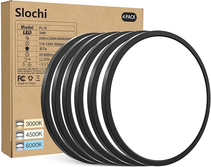slochi 6PACK LED Flush Mount Ceiling Light Fixture Black, 9Inch 24Watt, 5000K Daylight Light, Ultra Slim Flush Mount Ceiling Lamp for Living Room, Dining Room, Hallway,NOT-DIMMABLE