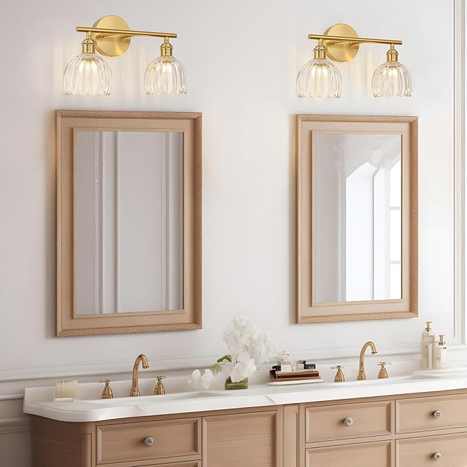 Gold Bathroom Light Fixtures Over Mirror, 2 Light Bathroom Vanity Light Fixture with Tulip Transparent Glass Lampshade, Vintage Vanity Lights for Bathroom, Bathroom Vanity Lights Over Mirror