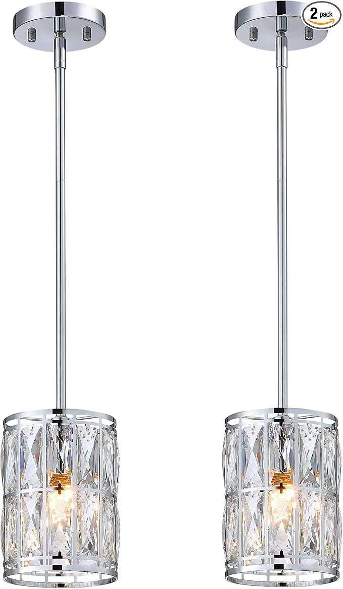 2-Pack Crystal Pendant Light, Modern Chrome Finish Hanging Lighting with Clear Crystal Chandelier, Adjustable Height Mini Island Light Fixture for Kitchen, Dining Room and Living Room