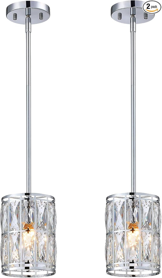 2-Pack Crystal Pendant Light, Modern Chrome Finish Hanging Lighting with Clear Crystal Chandelier, Adjustable Height Mini Island Light Fixture for Kitchen, Dining Room and Living Room