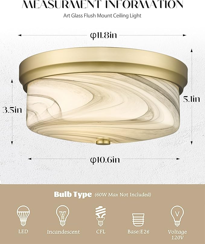 CALDION Flush Mount Ceiling Light, 12inch Close to Ceiling Light Fixture, Metal Gold Finish with Handmade Grey Marble Glass Art Shade for Living Bedroom Room Hallway Kitchen