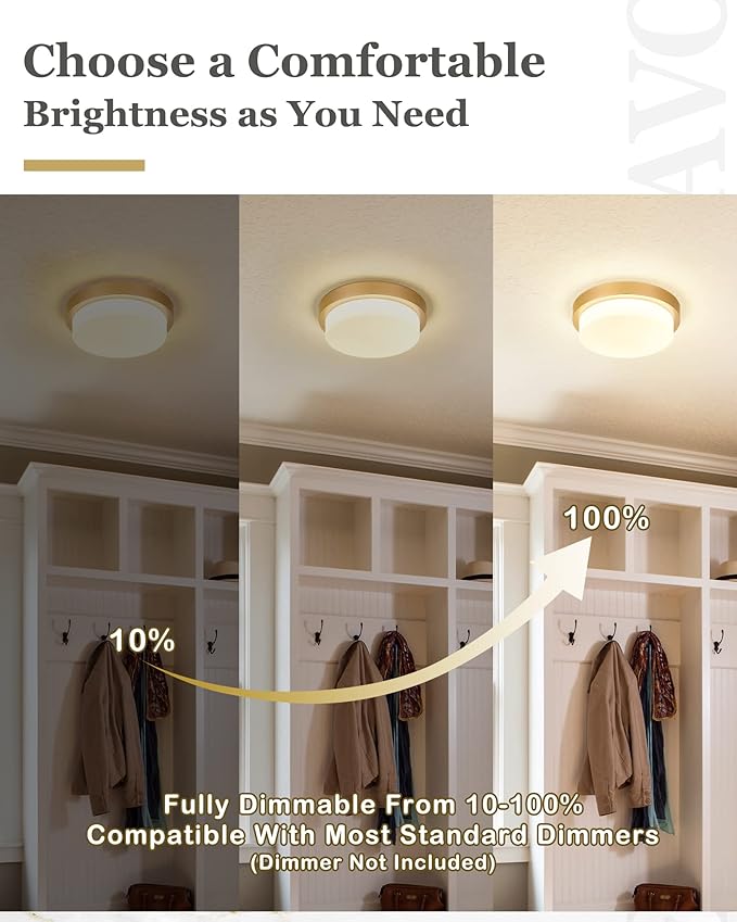 Gold Flush Mount Ceiling Light, 13inch Close to Ceiling Light Fixtures 24W 2200lm Dimmable 2700K/3000K/4000K/5000K/6000K Brass LED Ceiling Lamp for Bedroom Hallway Kitchen, AD-22008-L-GD