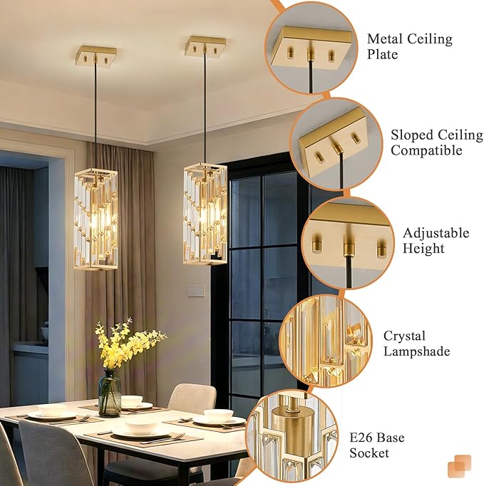 Gold Pendant Lights Kitchen Island, Adjustable Modern Pendant Light Fixtures 1 Pack, Mini Crystal Chandeliers for Dining Room Bedroom Foyer Hallway