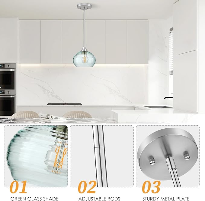 Pendant Lights Kitchen Island, Single Pendant Lights with Adjustable Height 5"-42", Pendant Light Fixtures with Green Glass Shade, Green Pendant Light for Living Room Bedroom Dining Room E26 Base