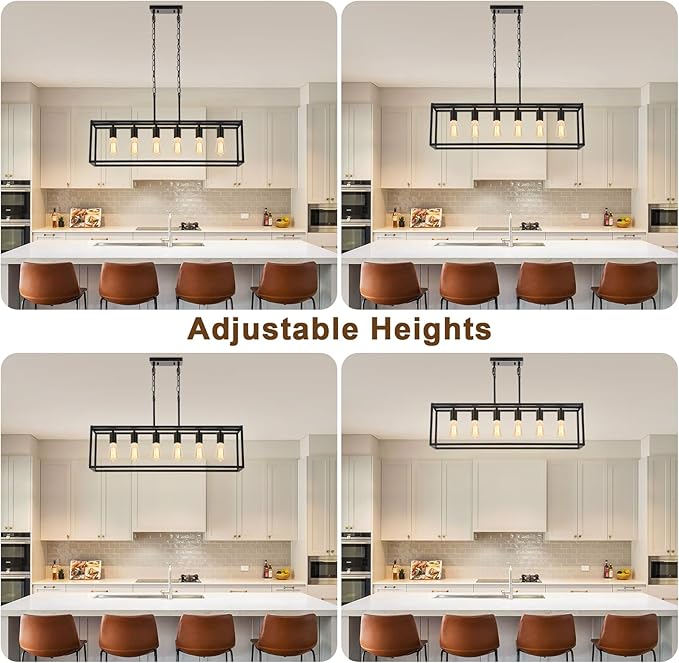 Boncoo 6 Light Black Chandeliers for Dining Room, Adjustable Height Linear Chandelier Kitchen Light Fixture, Modern Farmhouse Chandelier Rectangle Island Light for Kitchen Hanging Light Fixtures