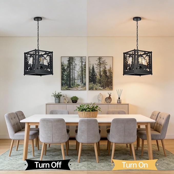 Rustic Pendant Light-Bear Deer Style, 4-Light Farmhouse Metal Chandelier Adjustable Hanging Ceiling Fixture for Dining Room, Bedroom, Kitchen, Entryway, Living Room (No Bulb Included)