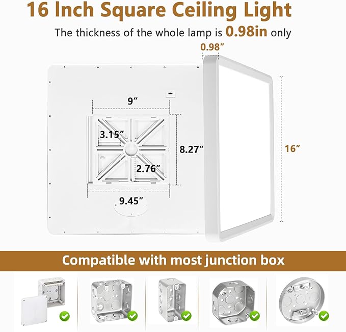 2PK 16 Inch Square LED Flush Mount Ceiling Light, 40W, 4000LM 3000K/4000K/6000K CCT Selectable, White Square LED Flat Panel Ceiling Light Fixture for Bedroom,Kitchen,Living Room