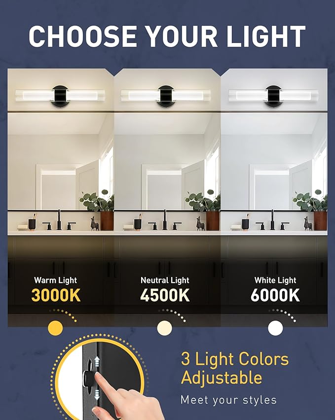 kudos Black Modern Sconces Wall Lighting, Wall Sconces with Clear Glass and Frosted Glass, Modern LED Vanity Light for Bathroom, 3000K/4500K/6000K Adjustable,KDVL06-BK-2