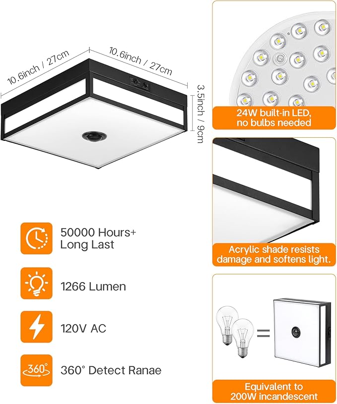 Motion Sensor Outdoor Light, Flush Mount Ceiling Fixture with 24W LED, Dusk to Dawn, Adjustable 3CCT, Black Exterior with Acrylic Diffuser, for Porch, Garage, Entryway, Patio Lighting
