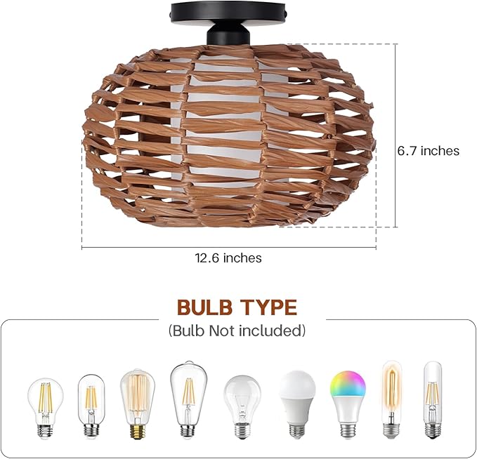 Boho Semi Flush Mount Ceiling Light, Rattan Style Hand Woven Shade, Farmhouse Ceiling Fixture for Bedroom, Kitchen, Hallway, Entryway