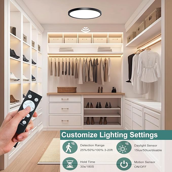 7 Inch Motion Sensor Ceiling Light Indoor,Motion Sensor Fixture Indoor for Closet Hallway Laundry Porch Pantry, Hard Wired Sensor Ceiling Light Black Black