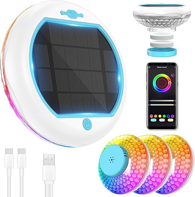 Solar Pool Chlorine Floater with Floating Pool Light, APP-Controlled, Adjustable Release, Large Capacity for 2 Tablets 4 Pack