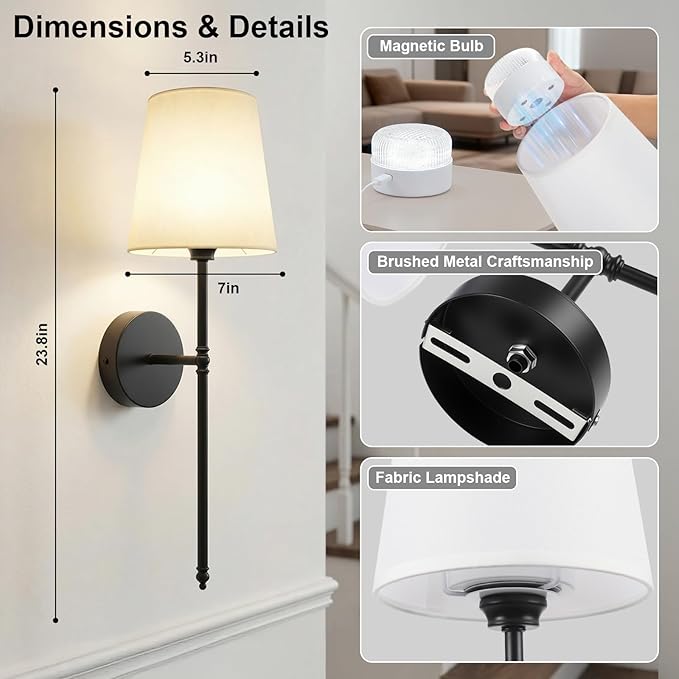 Battery Operated Wall Sconces Set of 2, Rechargeable Wireless Wall Lights with Remote, RGB Dimmable Wall Lamp for Bedroom Wall Decor Living Room Hallway (Black)