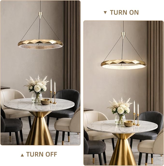 HEYAN Modern Gold Ring Chandelier, 16-Inch Faceted Geometric LED Pendant Light, Dimmable 3-Color Changeable Island Lighting, 25W Luxury Acrylic Crystal-Effect Ceiling Fixture for Dining Room & Kitchen