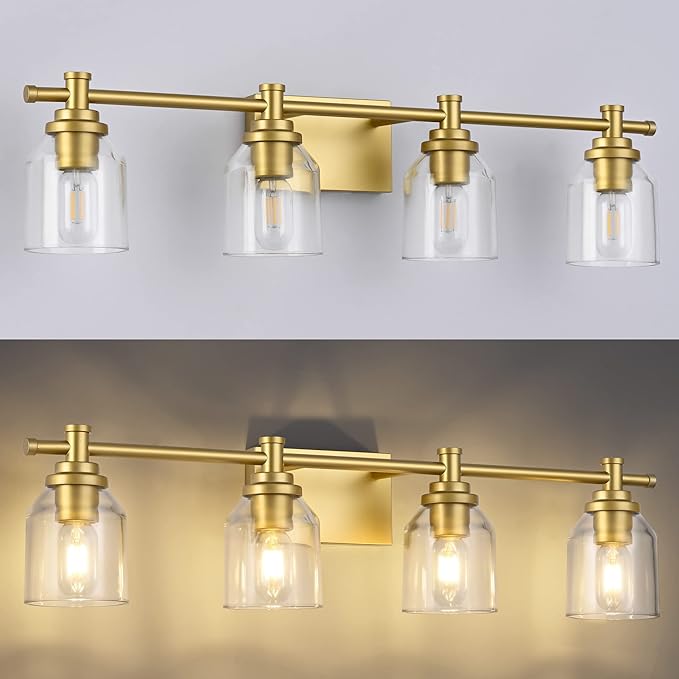 SOLFART Bathroom Lighting Fixtures Over Mirror Wall Sconce Gold Vanity Light Fixtures 4 Lights Bathroom Light