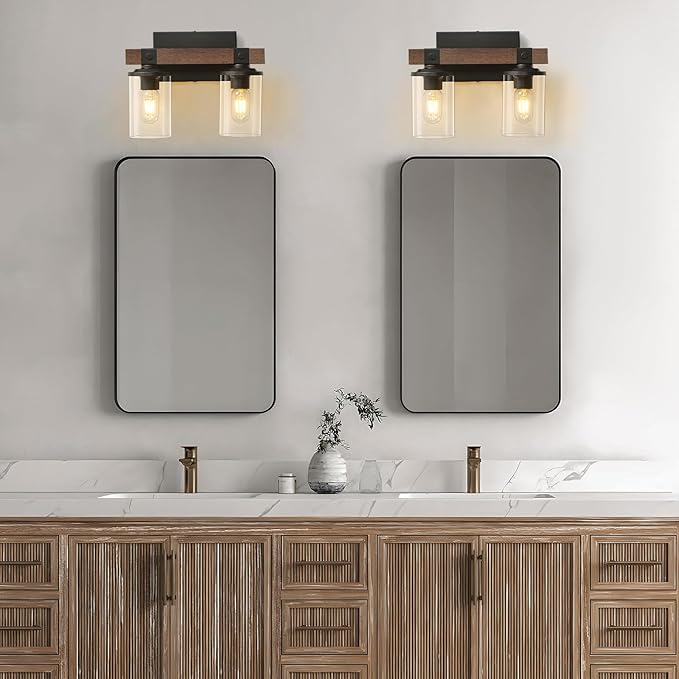 GoYeel Farmhouse Vanity Lights for Bathroom, Wooden Rustic Vanity Lighting fixtures 2-Light Bathroom Lights Over Mirror Vintage Wall Sconce Lighting with Clear Glass Shade for Bedroom Hallway