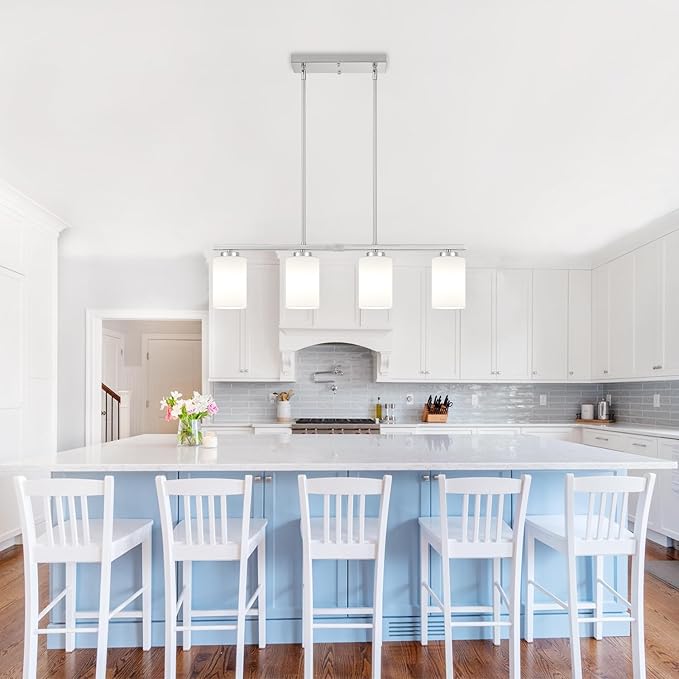 Brushed Nickel Island Lights for Kitchen, 4-Light Dining Room Light Fixtures Modern Linear Chandeliers Over Table White Frosted Glass Adjustable Hanging Lights Kitchen Pendant Lighting Over Island