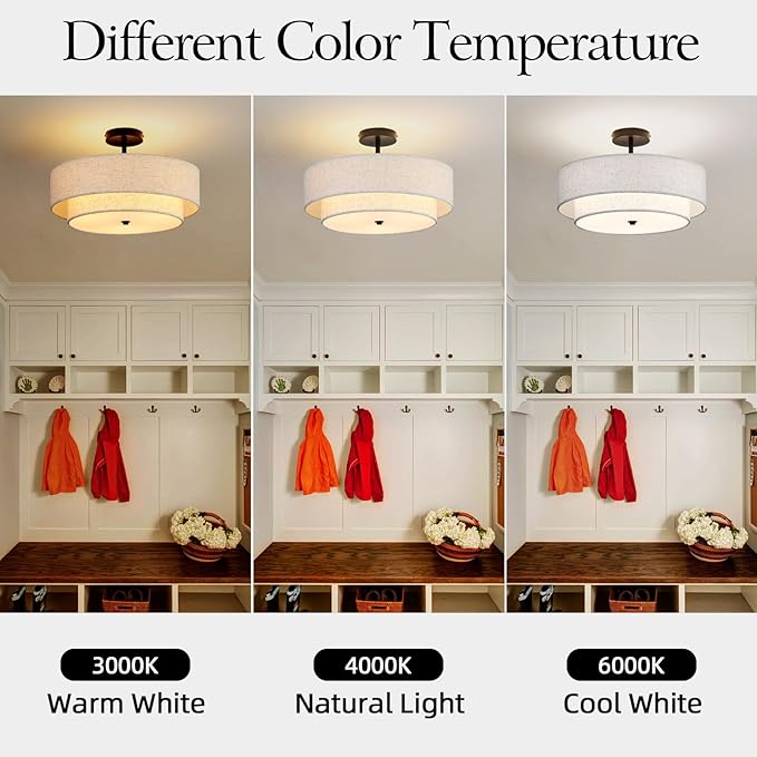 16.5 inch Semi Flush Mount Ceiling Light with Natural Linen Shade, 3-Light UL Listed Fixture with E26 Socket (No Bulb Included) for Bedroom, Kitchen, Living Room