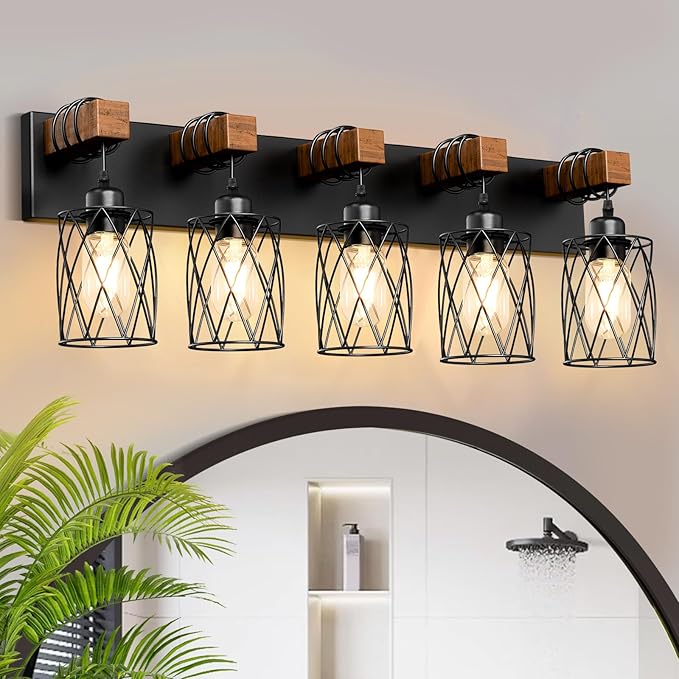 IZORRO Farmhouse Bathroom Vanity Light, 5-Light Wood Bathroom Light Fixtures Over Mirror, Black Industrial Vanity Lights with Metal Shade, Rustic Restroom Lighting Fixtures