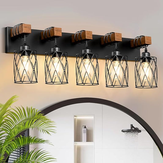 IZORRO Farmhouse Bathroom Vanity Light, 5-Light Wood Bathroom Light Fixtures Over Mirror, Black Industrial Vanity Lights with Metal Shade, Rustic Restroom Lighting Fixtures