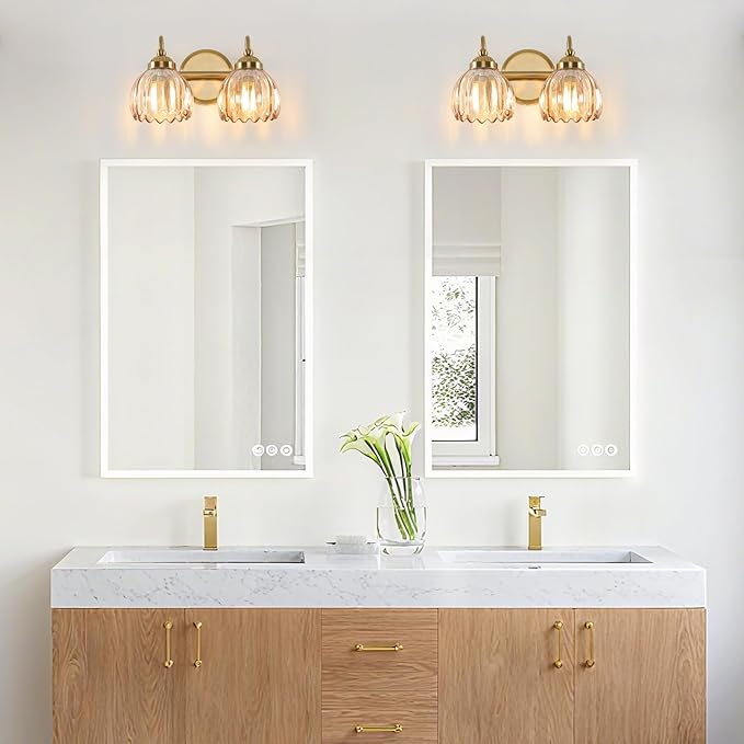 Vintage Bathroom Light Fixtures, Brass Vanity Lights with Amber Tulip Glass Shade, Vanity Sconces for Bathroom Bedroom Living Room Hallway, 2-Light