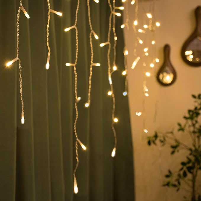 YOLIGHT Icicle Christmas Lights 13ft 96 LEDs Icicle String Lights 8 Modes Twinkle Curtain Fairy Lights, Indoor Room Patio Garden Bedroom Wedding Halloween Party Decoration (Warm White)