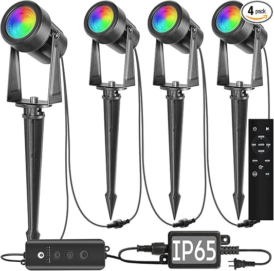 SUNTHIN Outdoor Landscape Lighting with Dusk to Dawn Sensor Controller & Remote, RGBW Color Changing Spot Uplights, 4 Pack